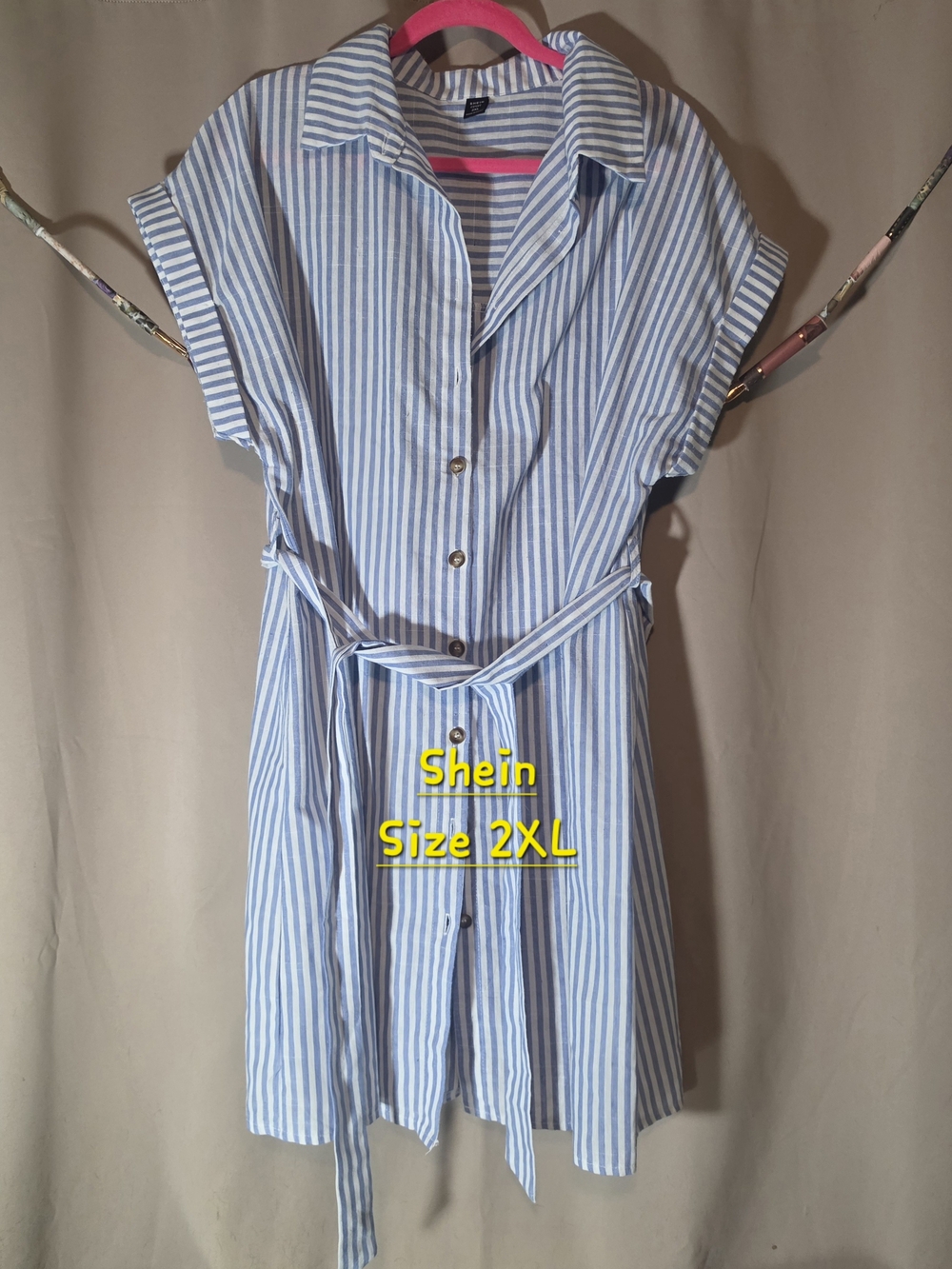 Shein 2XL Blue & White Striped Button-Down Shirt Dress & Matching Belt